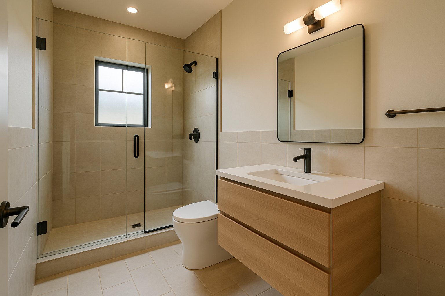 Bright remodeled bathroom with walk-in shower and modern vanity