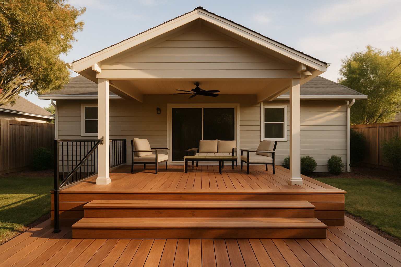 Finished wood deck and covered patio in a Central Valley backyard