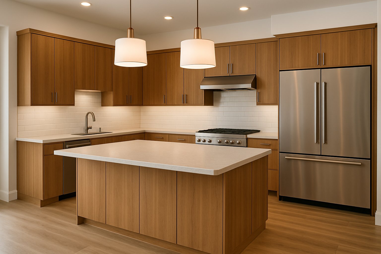 Finished modern kitchen remodel with warm wood cabinets and a large island