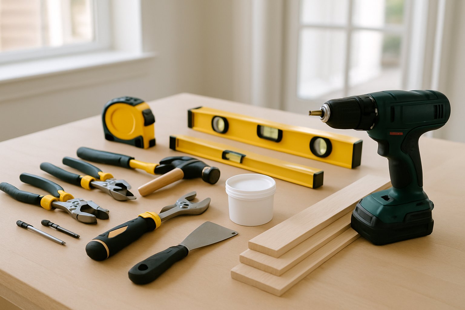 Tidy home repair workbench with organized tools and materials
