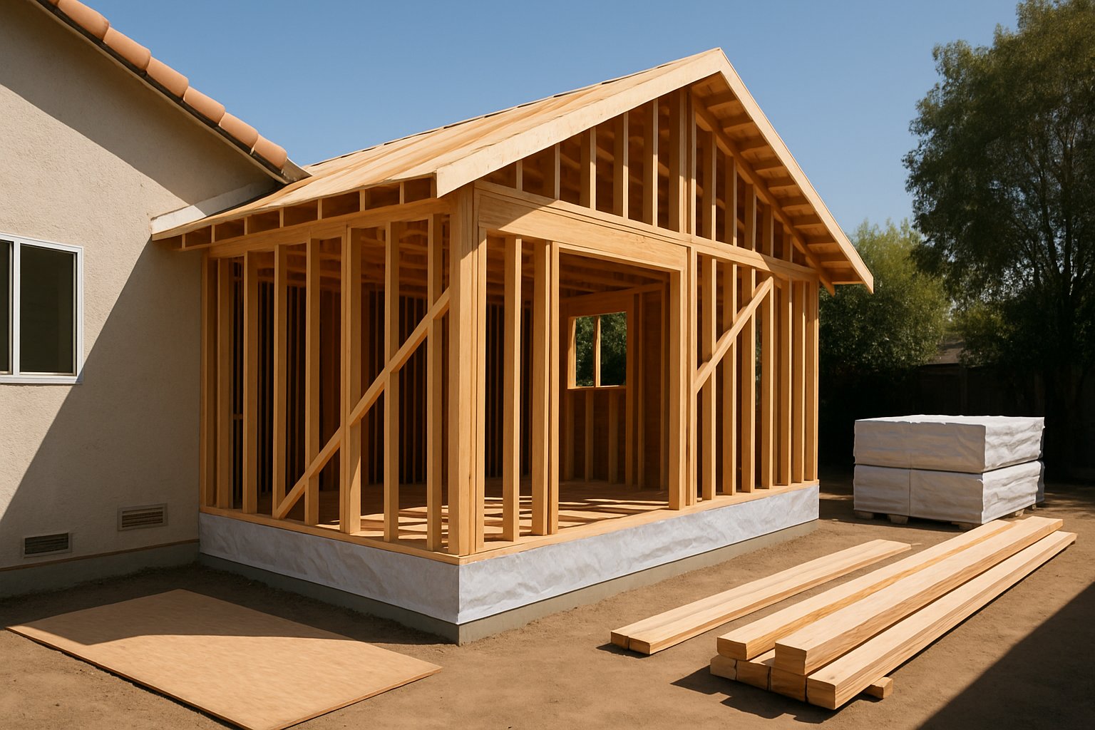 Clean residential room addition framed beside a California home