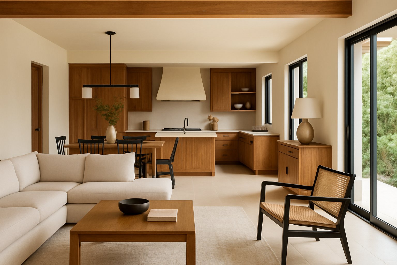 Open renovated home interior showing coordinated kitchen and living finishes